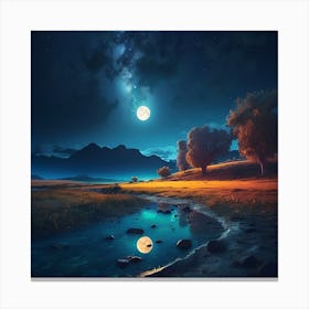 Peaceful Night Scene With Bright Moon And Stars Canvas Print