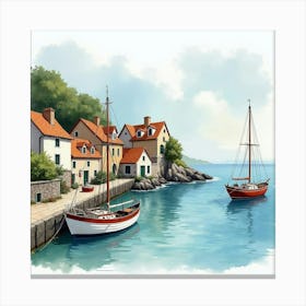 Scenic Coastal Village In Watercolor, With Fishing Boats And Quaint Houses Canvas Print