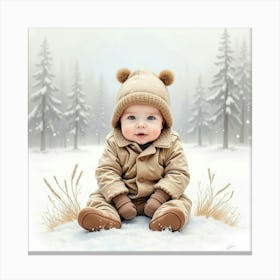 Baby Boy Wearing A Cozy Hat Sitting In A Watercolor Snow Covered Field Canvas Print