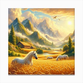 Unicorns In A Wheat Field 1 Canvas Print