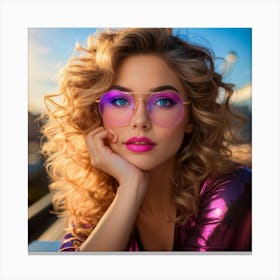 Portrait Of A Woman Flaunting Intense Blue Eyes Complemented By Pink Glasses And Matching Pink Lips Canvas Print