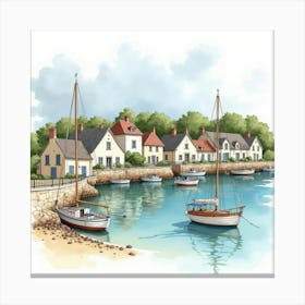 French Coastal Village In Watercolor With Charming Houses And Fishing Boats 1 Canvas Print