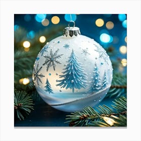 Closeup Of A Shiny White Bauble Adorned With Snowflakes Reflecting The Merry Lights Of A Festive Ch Canvas Print