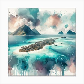 Ocean’s Embrace, An abstract piece in watercolors emphasizing on the circular embrace of the atoll around its central lagoon. This artwork would fit well in a dining room or a kitchen, where it can add some color and warmth to the space. 3 Canvas Print