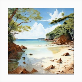 Watercolour Landscape Virgin Island Beach Earthy Tones Such As Terracotta Olive Green Canvas Print