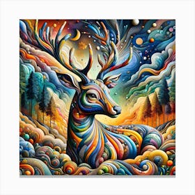 "Enchanted Wilderness: The Majestic Stag" - This vibrant tapestry of colors brings to life a majestic stag, symbolizing nature's splendor and the mystical beauty of the wilderness. The intricate details and flowing lines create a surreal landscape that merges with the creature, embodying the essence of the forest and the sky. This piece is a celebration of wildlife, fantasy, and the seamless dance between the earthly and the ethereal. It's perfect for those who wish to bring the magic of nature's artistry into their home, creating a focal point of awe and wonder that captivates and inspires. Canvas Print