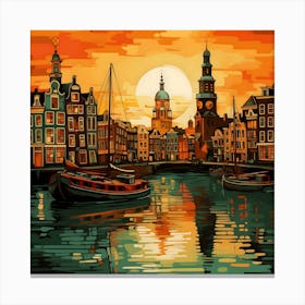 Sunset Over Amsterdam Canal Canvas Print