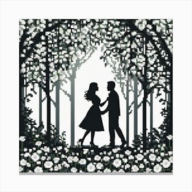 Couple In The Forest, Silhouettes Of Two People Hugging Surrounded By Elements Of Nature Flowers Trees Growing 3 Canvas Print