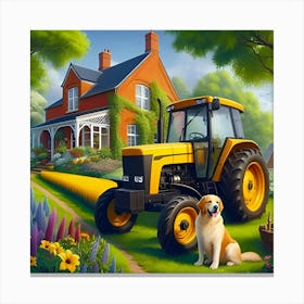 A Yellow Tractor In Front Of A Farm House 4 Stampe su tela