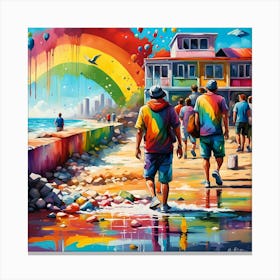 Rainbow Above Beachgoers Walking Along The Beach Canvas Print