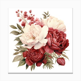 Elegant Red and White Floral Bouquet Wall Art - Peonies and Roses Print Canvas Print