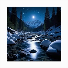 Moonlit Night Blankets A Snow Covered Mountain Forest Deep Valleys Cradling Large Boulders Small R Canvas Print