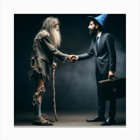 Businessman Shaking Hands With Old Wizard Canvas Print