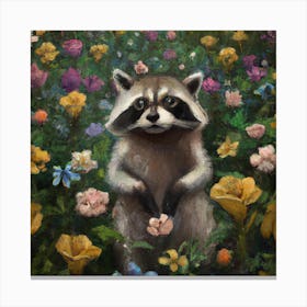Raccoon in flower field 3 Canvas Print