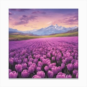 A field of purple tulips and a clear sky with some clouds and mountains Canvas Print