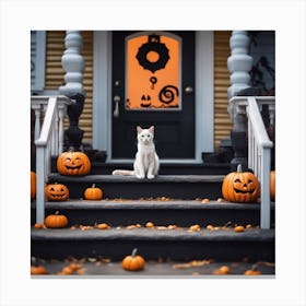 Halloween Cat In Front Of House 11 Canvas Print