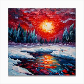Sunset Painting Abstract Sun Trees River Water Snow Sky Clouds Flare Light Ice Tundra Nature Landscape Canvas Print