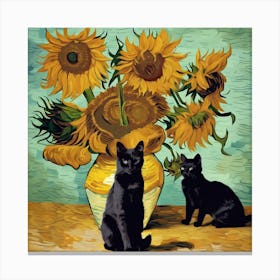 Vase With Three Sunflowers With A Black Cat, Van Gogh Inspired Canvas Print