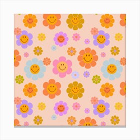 Retro Smiley Flowers Square Canvas Print