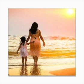 Mother And Daughter Walking On The Beach Canvas Print