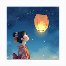 A Japanese Woman Gazing At A Paper Lantern As It Floats Into The Sky At Night, Watercolor Painting Canvas Print