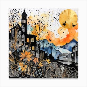 House On The Hill, Abstract Floral Painting, Design An Eclectic Collage With Overlapping Layers Of Lace Watercolor Splatters And Black Canvas Print