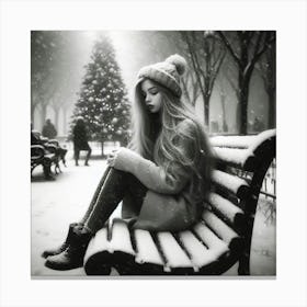 Girl Sitting On Bench In Snow Canvas Print