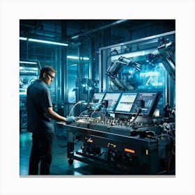 Cyber Industrial Interface Showcasing A Factory Manager Overseeing A High Tech Manufacturing Floor Canvas Print