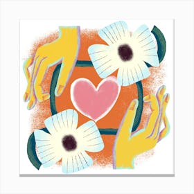 White Flowers Held By Hands With Love  Square Canvas Print
