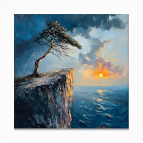 Tree on Cliff at Sunset: Nature-Inspired Textured Art for Coastal Decor Canvas Print