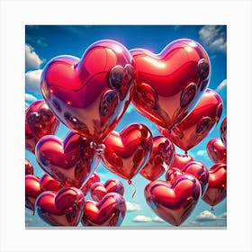 Red Heart Shaped Balloons Against A Blue Sky With Clouds Canvas Print