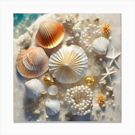 Firefly A Beautiful Feminine Flatlay Of Exotic Seashells, Corals, And Pearls On White Sands And Ocea (1) Canvas Print