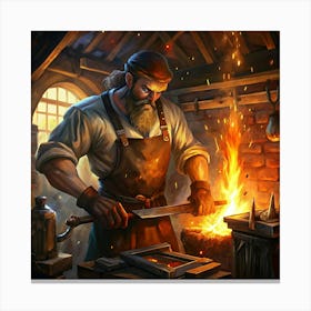 A Strong Blacksmith Works On Metal In His Workshop Canvas Print