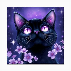 Black Cat With Purple Flowers Canvas Print