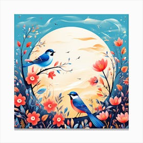 A Bright Toned Design With Flowers And Leaves Trees And Birds A Beautiful And Simple Picture Birds In The Garden Canvas Print