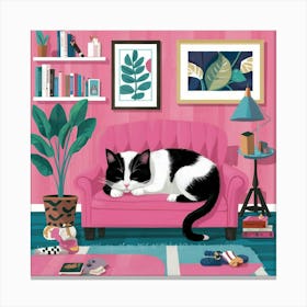 Cat Nap Tuxedo Cat Napping In Pink Interior Art Il Oguw Canvas Print