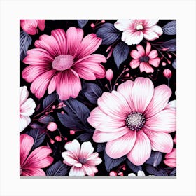 Floral Fantasia A Vibrant Pattern Bursting With Baby Pink White And Dark Pink flowers Pink Flowers On Black Background 2 Canvas Print