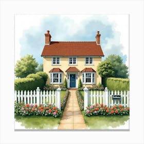 An English Country Home With A White Picket Fence And Flower Beds, Watercolor Canvas Print