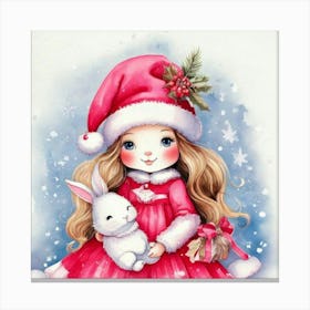 Firefly Christmas, Bunnies, Santa, Hat, Pastel, Watercolor, Pink, Dresses, Cute, Festive, Holiday, W (3) Canvas Print