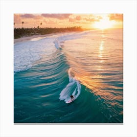 Aerial Photography Capturing A Surfer Amidst Azure Waves Tropical Beach In The Background Palm Tre (1) Canvas Print