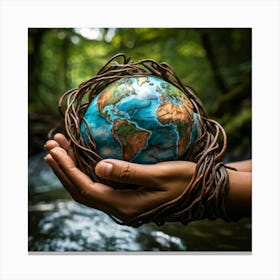 A Hand Of Earthy Brown Weaves Cradling A Detailed Miniature Globe Veins And Tendons Popping Against (6) Canvas Print