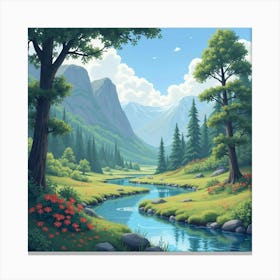 Serene Watercolor Valley With Mystical Creatures 1 Canvas Print