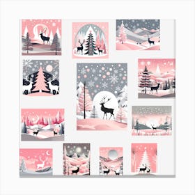 Deer In The Snow, Christmas Tree art, Christmas Tree, Christmas vector art, Vector Art, Christmas art, Christmas, pink and white, collage, collage art Canvas Print