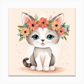 Floral Baby Cat Nursery Illustration (3) Canvas Print