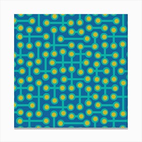 CIRCUITS Retro 1970s Mid Century Abstract Geometric Groovy Polka Dot in Vintage Turquoise and Yellow on Royal Blue Canvas Print