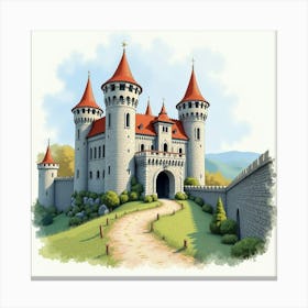 Exploring A Medieval Castle, Watercolor With Grand Stone Walls 1 Canvas Print