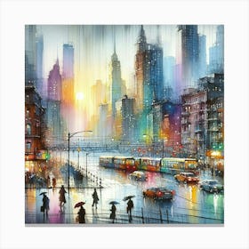 Cityscape in Rain: Expressive Watercolor Painting with Bernard Buffet Inspired Realism, Impressionistic Colors, and Atmospheric Techniques. Canvas Print