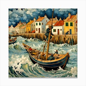 Boat In The Harbour Stormy Sea Canvas Print