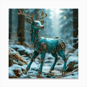 Whimsical Teal Hued Robotic Deer Composed Of Ceramic And Metal With Robot Like Features Frolicking I Canvas Print