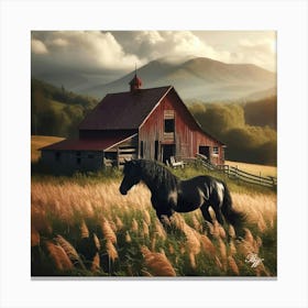 Beautiful Black Stallion And Barn Copy Canvas Print